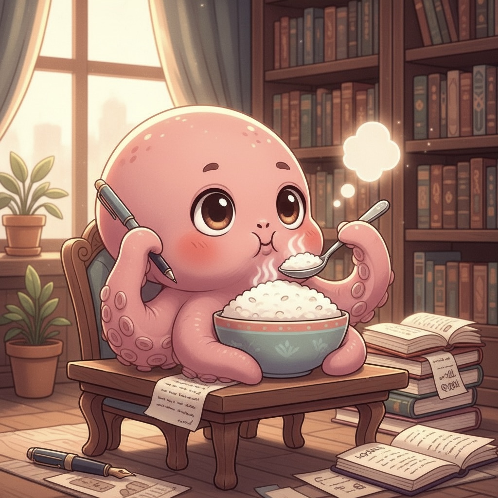 Web小説家タコライスのアイコン。書斎で山盛りのご飯を持ち、本を読む可愛らしいタコのキャラクターイラスト。